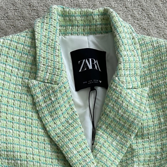 Zara Cropped Tweed Textured Jacket/Blazer Green Small NWT Office Academia Preppy - Picture 5 of 16